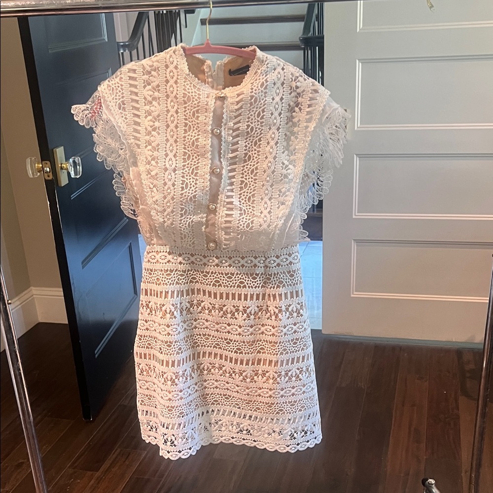 Lace Short Sleeve White Mini Dress with Button Front
